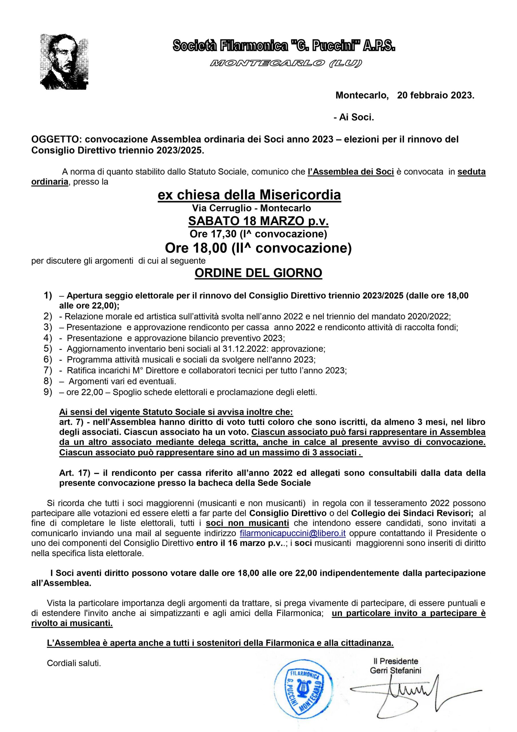 Convocazione Assemblea ordinaria dei Soci anno 2023 – elezioni per il rinnovo del Consiglio Direttivo triennio 2023/2025.