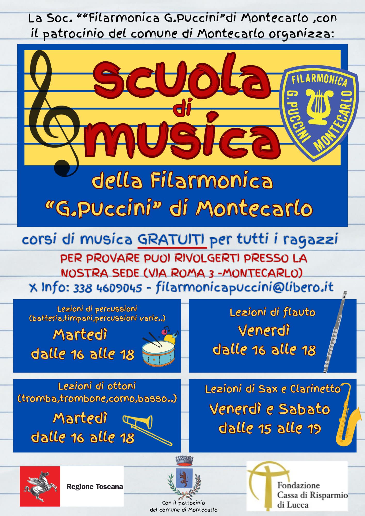 SONO APERTE LE ISCRIZIONI alla SCUOLA DI MUSICA della Società Filarmonica “G. Puccini” A.P.S. di Montecarlo.